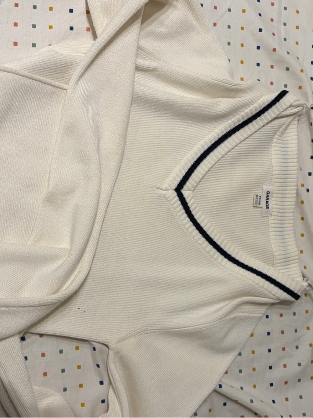 Garage Cream V-Neck Sweater with Navy Stripe